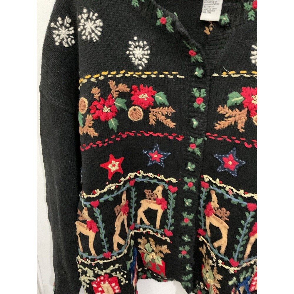 Heirloom Collectibles Christmas Sweater Cardigan  L Reindeer Embroidered - Picture 4 of 8